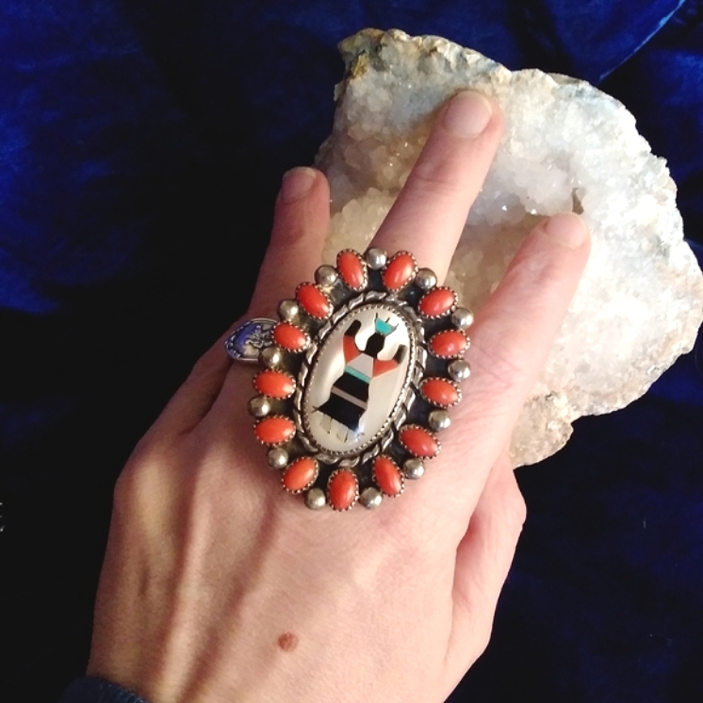 🌙SIGNED LARGE Zuni Vintage Corn Maiden Hallmark Ring STERLING